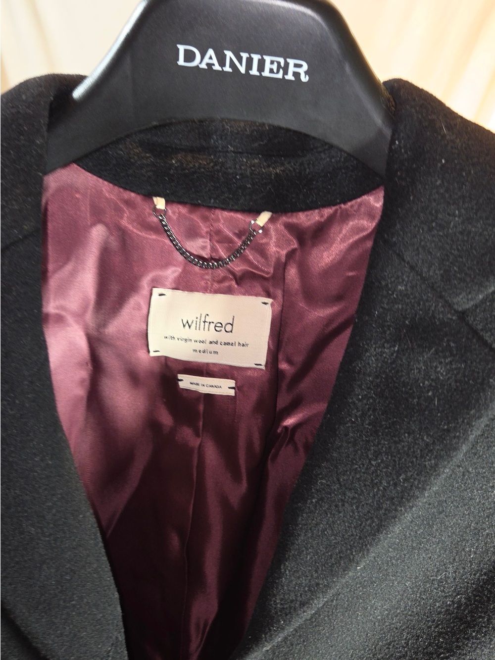 Wilfred Black Pea Coat with Burgundy Lining